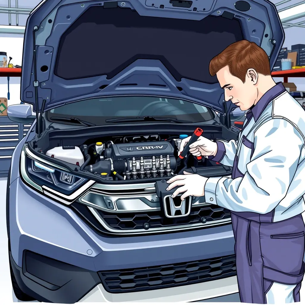 A detailed, high-resolution illustration of a mechanic repairing the engine of a 2020 Honda CR-V 2.0 Hybrid (204 hp). Show the open hood with the hybrid powertrain components visible, including the gasoline engine, electric motor, battery pack, and wiring. The mechanic is using professional tools, wearing a clean jumpsuit and gloves, focusing on the engine block and spark plugs. The background is a well-lit garage with organized tool racks, but no text or branding visible.