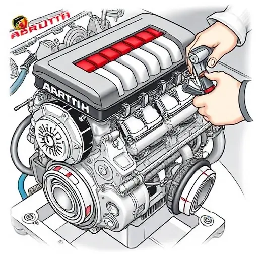 A detailed illustration of an Abarth Punto 1.4 MultiAir engine undergoing repair. Focus on the engine block, intake manifold, and associated components. Show a mechanic working on the engine with tools.