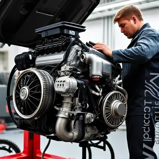 A detailed, realistic image of a mechanic working on the engine of an Audi A8 3.0 V6 TDI. The engine should be partially disassembled, showcasing the internal components. Focus on the engine block, turbocharger, and exhaust system. The mechanic is wearing a uniform and using specialized tools. The background should be a clean, well-lit garage environment.