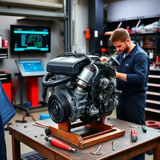 A realistic workshop scene of a mechanic repairing a Citroën Berlingo 1.5 BlueHDi engine, with the engine on a workbench, tools scattered, and a diagnostic screen, all in a detailed, high-quality style