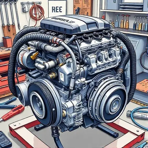 A detailed illustration of a DS 7 Crossback 1.6 P engine undergoing a major repair. Focus on the engine block, visible components, and tools being used. The scene should be in a workshop setting with tools and equipment around.