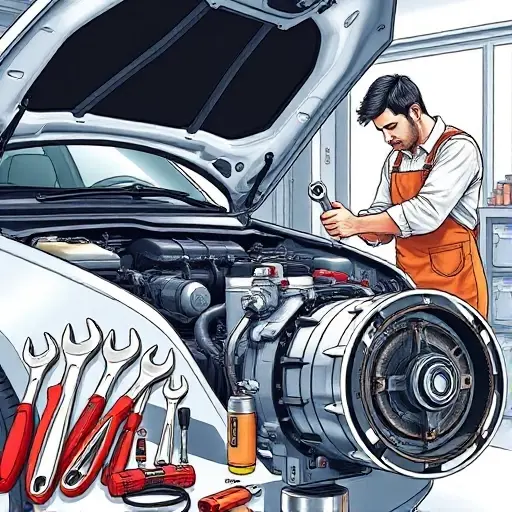 A detailed, realistic illustration of a mechanic repairing the engine of a Deepal S7 EREV 1.5 L, with an electric motor 238 hp visible. The scene shows an open hood of the vehicle, the engine block exposed, a set of precision tools (wrenches, screwdrivers, torque wrench) arranged neatly, a mechanic in a work apron holding a wrench, and a close-up of the electric motor’s components. The background is a clean garage environment with subtle lighting that highlights the mechanical parts. No text, letters, or digits should appear in the image.