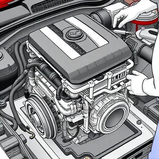 A detailed illustration of a Mazda CX-5 2.0 Skyactiv G engine undergoing a major repair. Focus on the engine block, visible components, and tools being used. The scene should depict mechanics working on the engine.