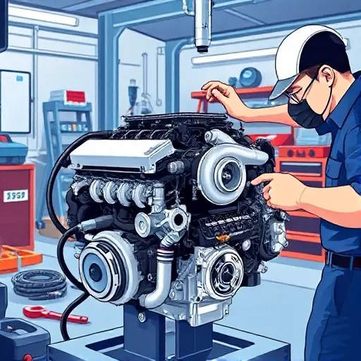 A detailed illustration of a mechanic repairing a Ford Fiesta 1.0 EcoBoost engine (2017-2023) in a clean workshop, showing the engine block, turbocharger, fuel injectors, and tools like wrenches and diagnostic equipment, with realistic lighting and focus on mechanical components