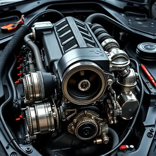 A detailed, high-quality image of a Lotus Emira 2.0 Turbo AMG engine undergoing a major repair. The engine should be prominently displayed, showcasing the intricate components and mechanics. Focus on the engine bay with tools and technicians working on it. The lighting should be bright and focused on the engine.
