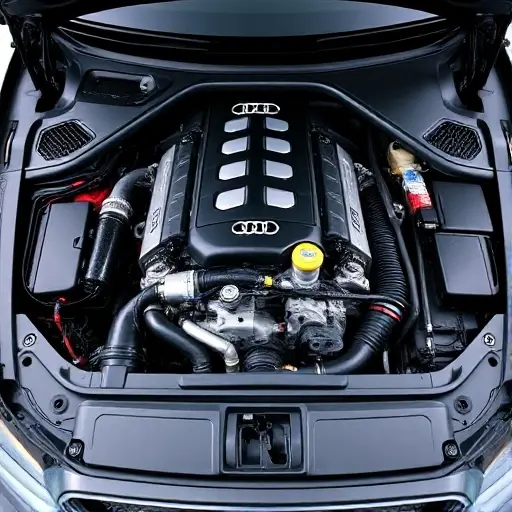 A detailed, high-quality image of a fully restored Audi R8 5.2 FSI V10 engine bay. The engine should be clean and meticulously detailed, showcasing the engine components. Focus on the engine's complexity and the quality of the repair work.