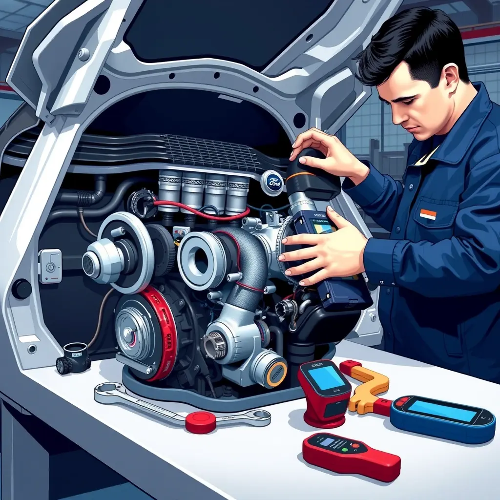 A detailed high-resolution illustration of a mechanic repairing the 1.0 L EcoBoost engine of a Ford Fiesta (model years 2017‑2023). The engine is open, showing pistons, turbocharger, and wiring, with professional tools such as wrenches and a diagnostic scanner on a clean workshop bench. Emphasize realistic lighting, metallic textures, and the mechanical details, with the mechanic focused on the work and no text or branding visible.