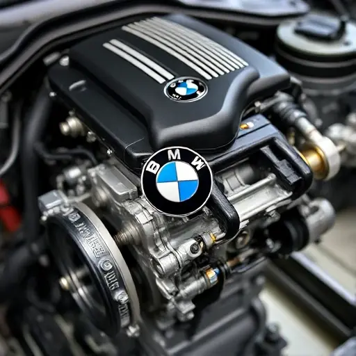 A detailed, high-quality image of a BMW M2 F87 3.0L 450 hp engine undergoing repair. The engine should be partially disassembled, showcasing the internal components. Focus on precision and technical accuracy.