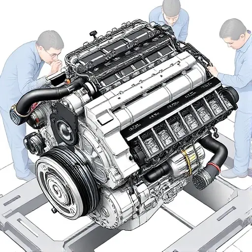 A detailed illustration of a Ford Mondeo 2.0 Hybrid engine undergoing a major repair. The engine should be shown with visible components, tools, and technicians working on it. Focus on the engine block, hybrid system components, and repair tools.