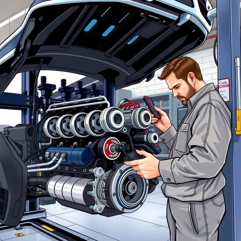 A detailed, high‑resolution illustration of a mechanic in a clean garage working on a Genesis G90 3.5 L V6 twin‑turbo engine. The engine block is open, showing pistons, turbochargers, and wiring. The mechanic is wearing a neutral work uniform and using professional tools (wrenches, diagnostic scanner) while a service lift holds the car chassis. The scene is well‑lit with realistic lighting, emphasizing metallic surfaces, oil stains, and the complexity of the engine components.