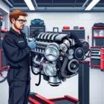 A detailed, high-resolution illustration of a professional mechanic in a clean garage environment performing maintenance on a Mercedes-Benz G 63 AMG 4.0 V8 Turbo engine. The engine block is prominently displayed with its turbocharger, intake manifold, and valve cover visible. The mechanic wears a dark jumpsuit, safety gloves, and goggles, using specialized tools such as a torque wrench and diagnostic scanner. The scene includes organized tool racks, a service lift, and subtle lighting that highlights the metallic surfaces and intricate engine components, emphasizing precision and technical expertise.