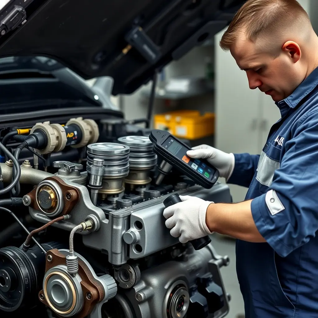 A detailed, realistic scene of a mechanic repairing the 2.3 L diesel engine of an Iveco Daily van (model 2014‑present). The engine block is open, with visible pistons, fuel injectors, and turbocharger. The mechanic, wearing a clean work uniform and gloves, uses specialized tools (wrenches, diagnostic scanner) to adjust components. The workshop background is tidy, with tool cabinets and soft lighting that highlights the engine parts, emphasizing the technical nature of the repair.