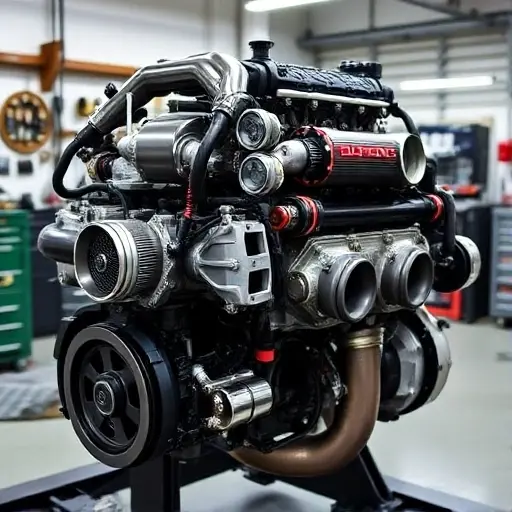 A detailed, high-quality image of a Jaguar F-Pace SVR 5.0 V8 Supercharged engine undergoing a major overhaul. The engine should be prominently displayed, showcasing its complex components and intricate details. Focus on the engine block, turbochargers, and exhaust system. The background should be a clean, well-lit workshop environment with tools and equipment subtly visible.