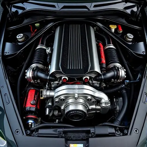 A detailed, high-quality image of the engine bay of a Gumpert Tornante 4.2 V8 Twin Turbo. Focus on the engine itself, showcasing the twin turbochargers, V8 engine block, and intricate details of the components. The lighting should be realistic, highlighting the engine's textures and metallic surfaces.
