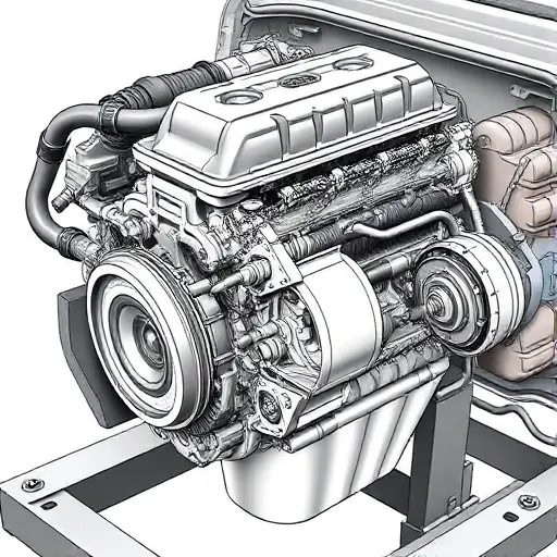 A detailed illustration of a Volkswagen Amarok 2.0 BiTDI 180 hp engine undergoing a major repair. The engine should be partially disassembled, revealing internal components. Focus on the mechanics and tools involved in the repair process.
