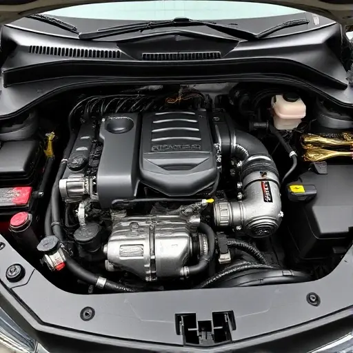 A detailed close-up of a Chevrolet Equinox 1.5 Turbo engine bay, showing the turbocharger, pistons, and surrounding components in a workshop setting, with mechanic tools arranged neatly, focusing on the engine internals, no text or labels