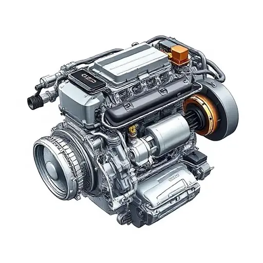 A detailed illustration of a disassembled Audi A8 hybrid engine, showcasing both the combustion engine components (3.0 TFSI) and the electric motor. Focus on the intricate mechanics and hybrid system integration. Include visible wiring and connections highlighting the interplay between the two power sources. The engine should be presented on a clean, neutral background, emphasizing technical accuracy and clarity.