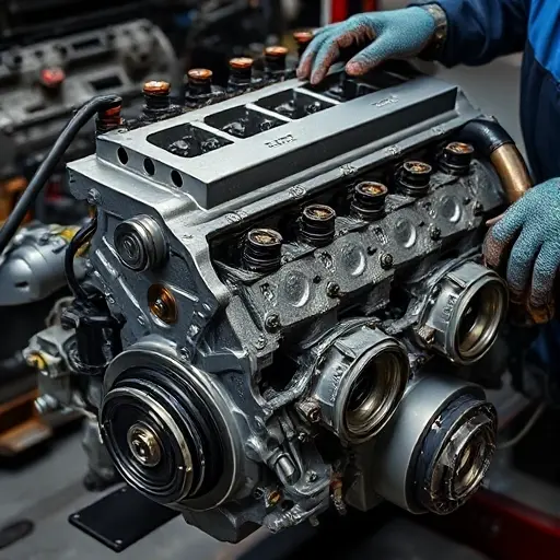 A detailed close‑up of a Borgward BX7 2.0T engine during repair, showing the engine block, cylinder heads, and a mechanic’s hands with tools in a workshop setting, focusing on mechanical details, no text or labels
