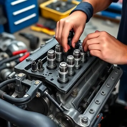 A close-up of a mechanic's hands working on a Dacia Duster 1.0 TCe engine, showing the engine block, cylinder head, spark plugs, and tools such as a wrench and screwdriver. The background is a garage workbench with scattered engine parts and a toolbox, slightly blurred to emphasize the repair process.