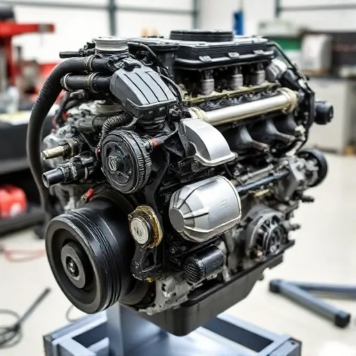 A detailed, high-quality image of a Cadillac CT5 2.0 Turbo engine undergoing a major repair. The engine should be partially disassembled, revealing intricate components. Focus on the mechanics and tools involved in the repair process. The background should be a clean, well-lit workshop environment.