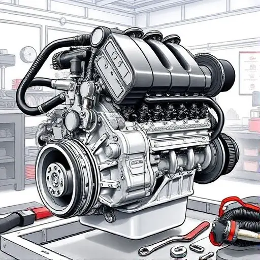 A detailed illustration of a Dodge Durango 3.6 V6 engine undergoing a major repair. The engine should be partially disassembled, revealing internal components. Focus on the engine block, cylinder head, and visible parts of the V6 configuration. Tools like wrenches, screwdrivers, and diagnostic equipment should be present around the engine. The background should be a clean, well-lit workshop environment.