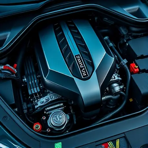 A detailed close-up of a modern Alfa Romeo Tonale 1.5 Hybrid engine, showing the hybrid powertrain components, engine bay with visible hybrid system elements, realistic lighting, high detail, automotive engineering aesthetic