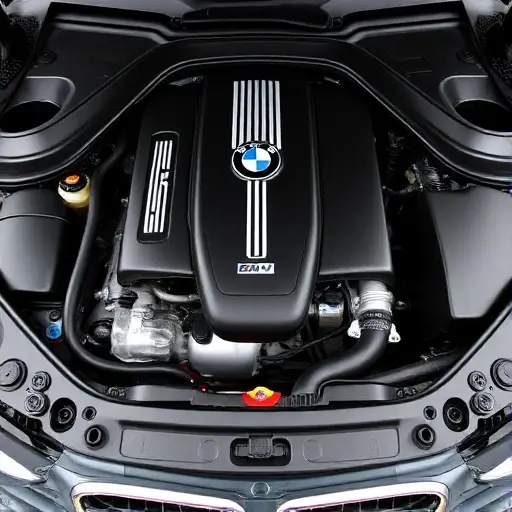 A detailed, high-quality image of a BMW 1er E81 3.0 L R6 265 hp engine bay. The engine should be well-lit, showcasing the engine components clearly. Focus on the engine's architecture and the surrounding parts.