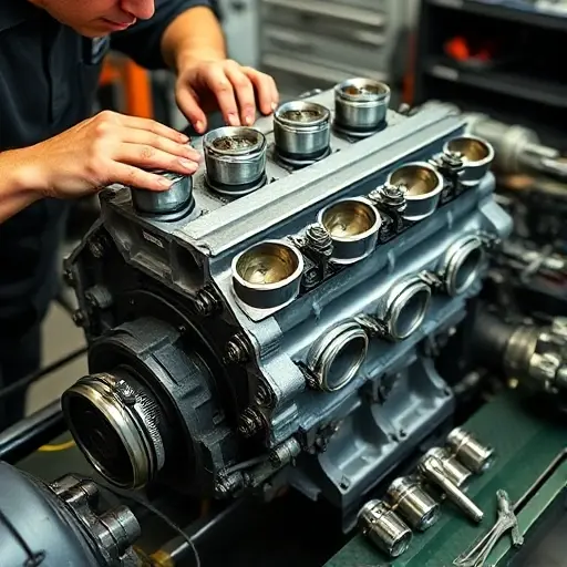 A detailed close-up of a mechanic repairing the 1.6L Ford Sigma engine of a Caterham Seven 310, showing the engine block, pistons, and tools on a workbench, with a focus on mechanical precision and the car's distinctive lightweight chassis.