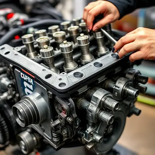 A close-up view of a Cupra Leon engine block being repaired, with visible pistons, crankshaft, and a mechanic's hands holding tools, set against a clean workshop background, emphasizing mechanical precision and engine components