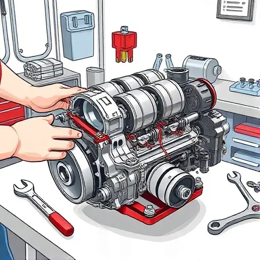 A detailed illustration of a mechanic's hands disassembling the 1.2 L engine of a Fiat 500, showing pistons, crankshaft, and valve train spread out on a clean workshop bench, with tools such as wrenches and a torque wrench nearby, under bright workshop lighting.