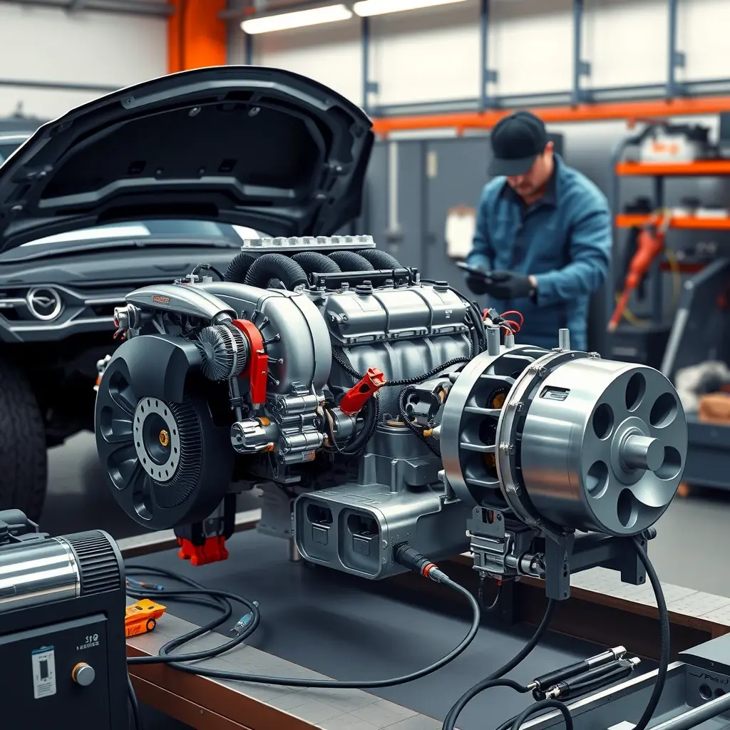A high‑resolution, photorealistic illustration of a modern automotive workshop where a mechanic is repairing a hybrid powertrain: the internal combustion engine of a compact electric SUV with a turbocharged 1.2‑liter block positioned next to a sleek electric motor delivering high power, surrounded by diagnostic tools, open engine covers, wiring harnesses, and metal components, all rendered with realistic lighting and detail, without any text, numbers, or branding visible in the scene.