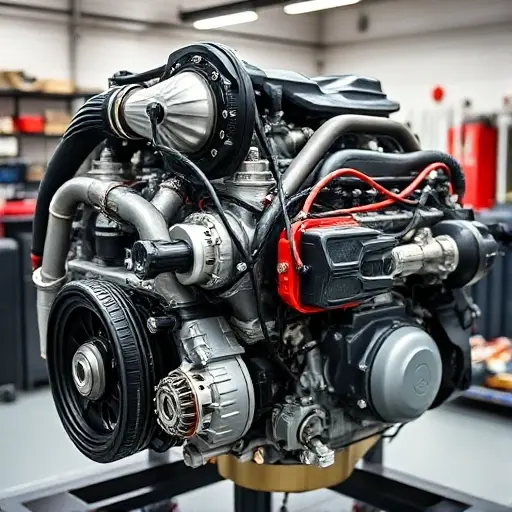 A detailed, high-quality image of a Bugatti Chiron 8.0 L W16 Quad Turbo engine undergoing a major overhaul. The engine should be prominently displayed, showcasing its complex components and intricate mechanics. Focus on the precision and craftsmanship involved in the repair. The background should be a clean, well-lit workshop environment.