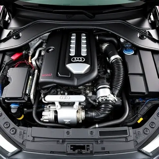 A detailed, high-quality image of the engine bay of a 2018-20 Audi SQ2 with a recently completed engine overhaul. Focus on the engine block, turbocharger, and associated components. The engine should be clean and well-maintained, showcasing the work done.
