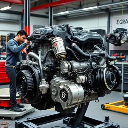 A detailed, realistic depiction of a Bentley Bentayga V6 3.0 PHEV engine under repair in a modern automotive workshop. Focus on the engine components, tools, and a mechanic working on the engine. The engine should be partially disassembled, showcasing its internal workings.