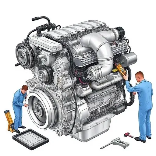 A detailed illustration of a Genesis GV80 3.5 V6 Turbo engine undergoing a major repair. Focus on the engine block, turbocharger, and surrounding components. Show tools and technicians working on the engine.
