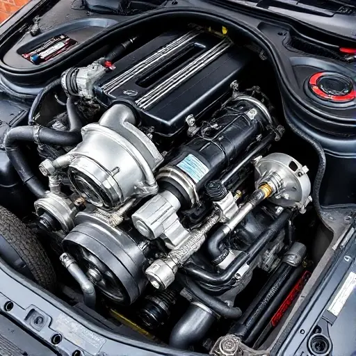 A detailed, high-quality image of a BMW 5er E39 530d engine undergoing a major repair. The engine should be partially disassembled, revealing various components like the turbocharger, exhaust manifold, and engine block. Tools and repair equipment are scattered around the engine bay. Focus on showcasing the mechanical complexity and the process of engine repair.