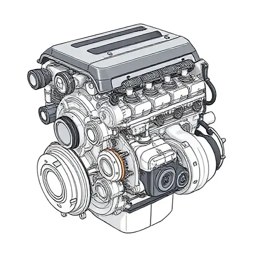 A detailed illustration of a Bufori CS 2.0 L R4 150 hp engine from 1998 to 2002, showing the engine block, pistons, valves, and turbocharger in a clean technical drawing style, with labeled components and realistic textures, set against a neutral background