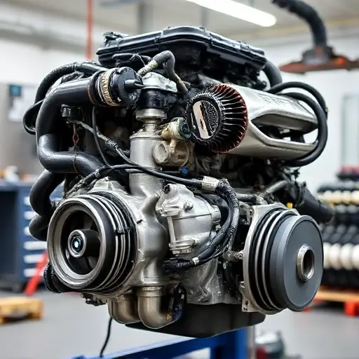 A detailed, high-quality image of a BMW 3er F30 3.0L 340hp engine undergoing repair. The engine should be partially disassembled, showcasing various components and tools. Focus on the engine block, turbocharger, and intake/exhaust systems. The background should be a clean, well-lit workshop environment.