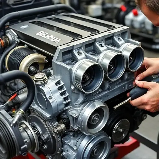 A detailed close-up of a Brabus Crawler 4.0 V8 biturbo engine during repair, showing the engine block, turbochargers, and mechanic's hands with tools in a workshop setting, with focus on mechanical parts and tools, no text or digits