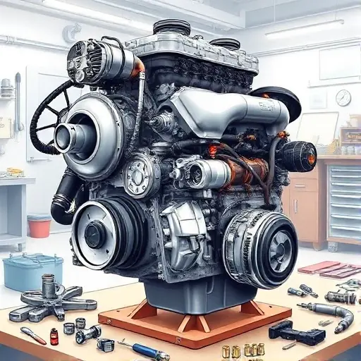 A detailed illustration of a Dongfeng AX7 1.6 Turbo engine undergoing a major overhaul. The engine should be shown with visible components like the turbocharger, intake manifold, and exhaust system. Tools and parts related to engine repair should be scattered around the engine. The background should be a clean, well-lit workshop environment.