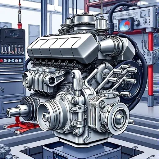 A detailed, realistic illustration of a 2021 FAW Bestune B70 2.0 Turbo engine being repaired in a workshop. Show the engine block, turbocharger, and surrounding components with mechanic tools such as wrenches, sockets, and diagnostic equipment. Emphasize the mechanical parts, bolts, and metal textures, with a clean, well‑lit environment that highlights the engineering details. No people, logos, or text should be visible.