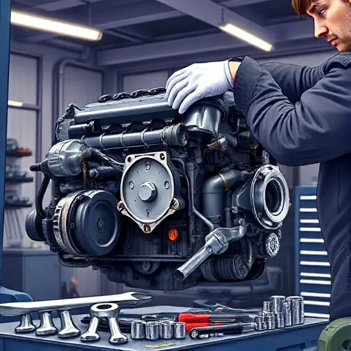 A detailed, realistic illustration of a skilled mechanic repairing the 1.2 PureTech 130 hp engine of a DS Automobiles DS 4 (2021). The scene shows the engine block exposed on a lift, with a variety of automotive tools (wrenches, torque wrench, socket set) neatly arranged. The mechanic, wearing a clean work jacket and gloves, is carefully tightening a cylinder head bolt. The background is a well-lit garage with subtle industrial décor, emphasizing precision and professionalism. The focus is on the engine internals, the mechanic’s hands, and the tools, all rendered with high detail and realistic lighting.