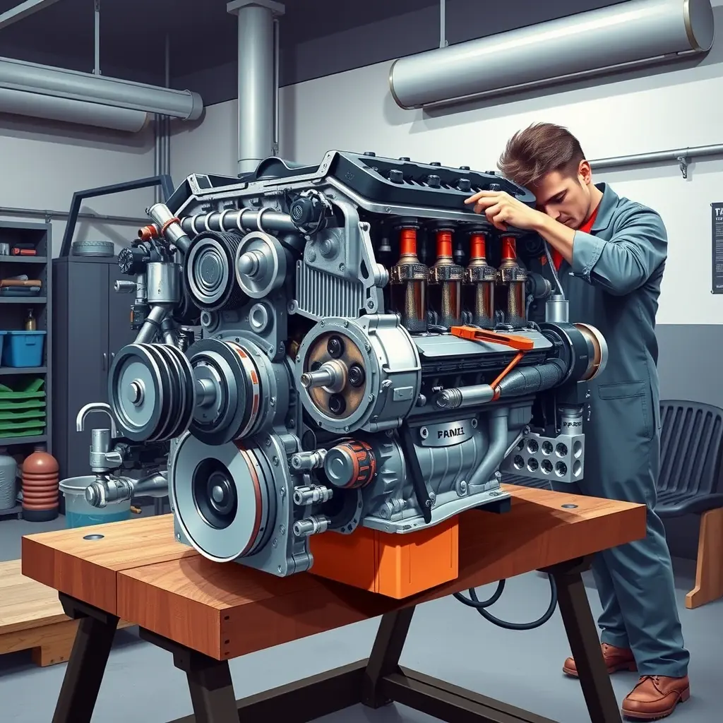 A detailed high-resolution illustration of a LADA Largus 1.6 L engine on a workbench in a garage, with a mechanic in coveralls using tools to disassemble the engine, showing pistons, crankshaft, and other components, realistic lighting and a clean background