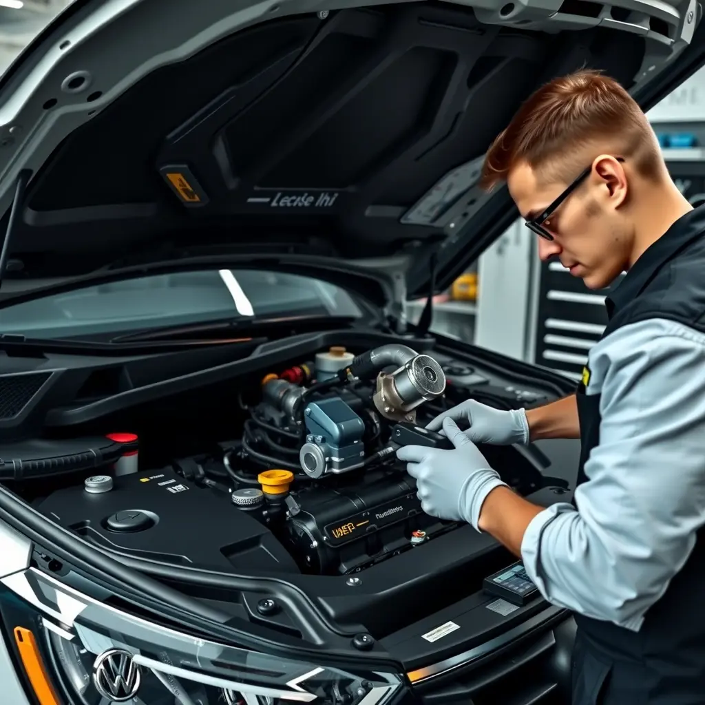 A detailed, realistic scene of a professional mechanic repairing the 1.5 Turbo engine of a Forthing T5 (model years 2018 to present) under an open hood. The engine bay is clearly visible with turbocharger, fuel injectors, and wiring. The mechanic wears a clean uniform, safety gloves, and uses appropriate tools such as wrenches and diagnostic equipment. The workshop background includes organized tool racks and subtle lighting that highlights the engine components, emphasizing the technical nature of the repair.