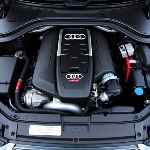 A detailed, high-quality image of the engine bay of a 2015-present Audi Q7 3.0 V6 TFSI 340 hp. Focus on the engine components, highlighting the V6 configuration, turbocharger, and other key parts. The engine should be well-lit, showcasing its metallic surfaces and intricate details.