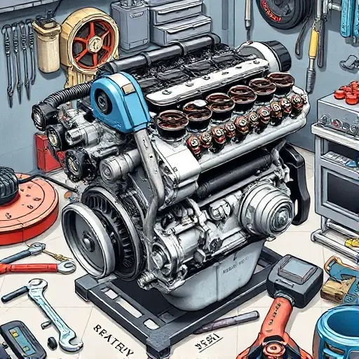 A detailed illustration of a Daewoo Espero 1.5L 80hp engine undergoing a major repair. The engine should be shown with visible components like the block, cylinder head, and various parts being worked on. Tools such as wrenches, screwdrivers, and diagnostic equipment should be present. The scene should depict a workshop environment with tools and parts scattered around. Focus on the engine's mechanics and the repair process.