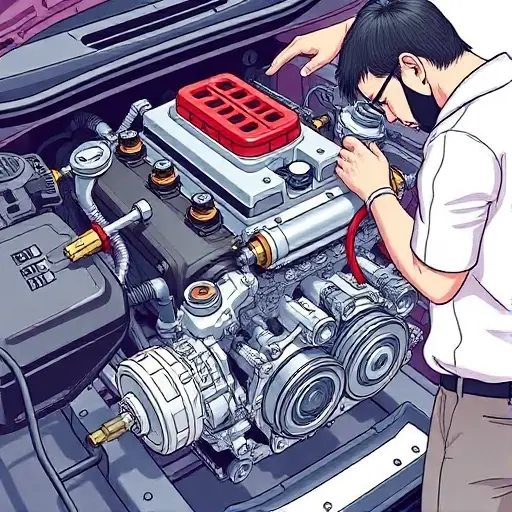 A detailed illustration of a Baojun RS 5 1.5 Turbo engine repair process. Focus on the engine components, tools, and a mechanic working on the engine. The scene should be well-lit and show close-ups of specific parts being examined or replaced.