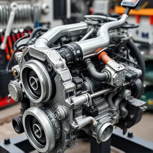 A detailed, high-quality image of a Mercedes-Benz E 450 3.0 I6 Turbo MH engine undergoing a major repair. The engine should be partially disassembled, revealing intricate components. Focus on the engine block, turbocharger, and exhaust manifold. Tools like wrenches, screwdrivers, and diagnostic equipment should be visible in the background. The scene should be in a well-lit workshop environment.