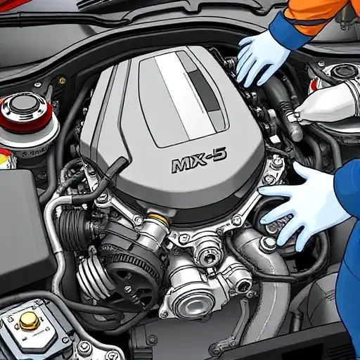A detailed illustration of a Mazda MX-5 2.0 Skyactiv G engine undergoing engine repair. Focus on the engine block, visible components, and tools being used. The scene should depict a professional mechanic working on the engine.