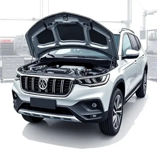 A detailed illustration of a Borgward BX5 SUV from 2016-2019 with its engine partially opened, showing the 1.4T 150 horsepower engine being overhauled, clean workshop background, professional lighting, technical accuracy, no text or numbers on image